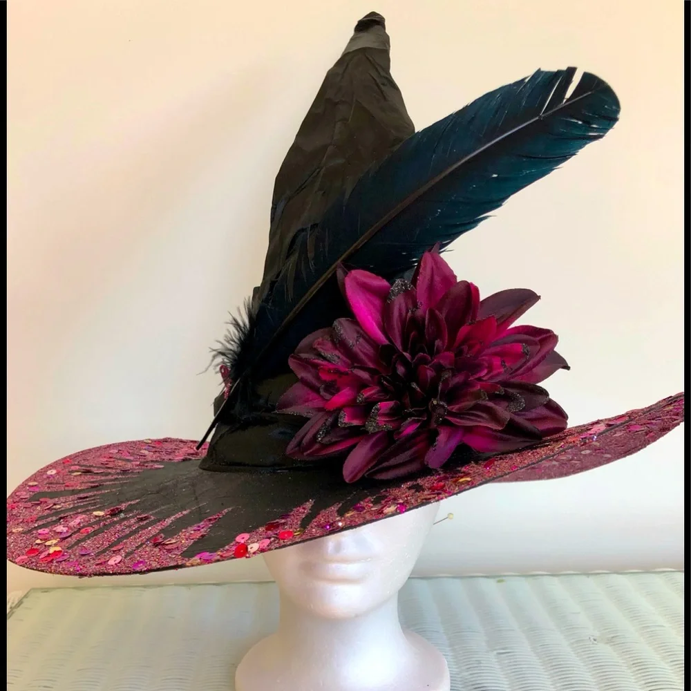 Witch hat artisan Black satin brim top & below multi pinks sparkles Flower & f…